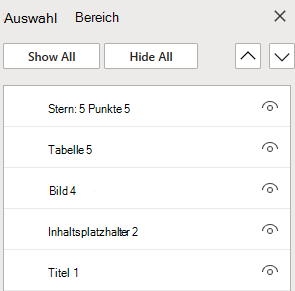 Der Auswahlbereich zum Anordnen von Objekten auf einer Folie in PowerPoint für das Web.