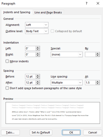 Absatzdialogfeld in Outlook.