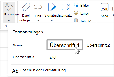 Das Menü Formatvorlagen in Outlook im Web.