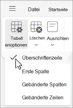 Das Menü Tabellenoptionen mit der Option Kopfzeile, die in Outlook im Web ausgewählt ist.