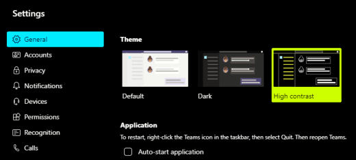 Die Option für hohen Kontrast von Microsoft Teams, die in den App-Einstellungen ausgewählt ist.