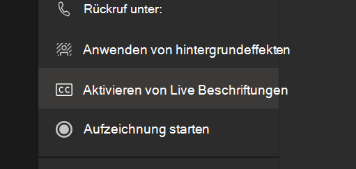Die Option Liveuntertitel aktivieren im Menü mit den Teams-Besprechungsoptionen