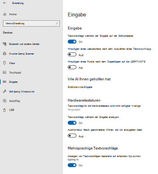 Die Option für Textvorschläge während der Eingabe in Windows