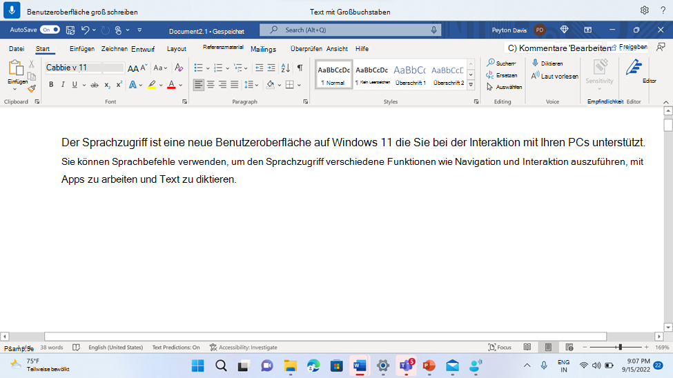 Word Dokument mit dem Sprachzugriffsbefehl Großschreibung.