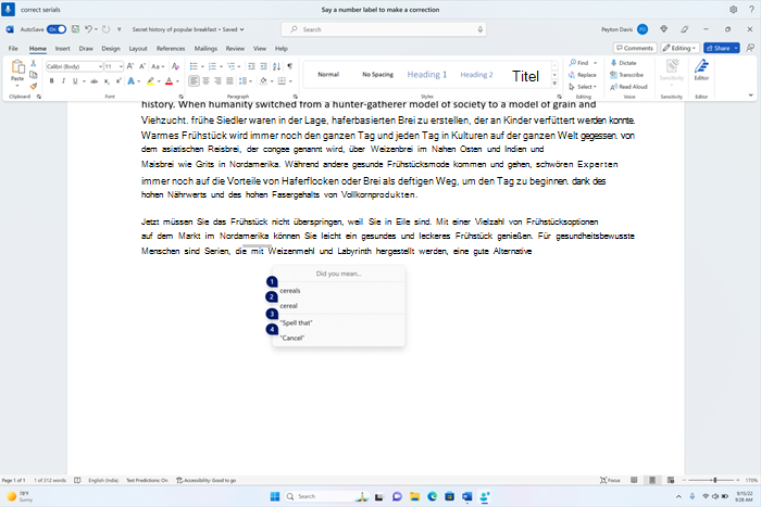 Ein Wortdokument, das das Korrekturfenster mit Kandidaten für die Text-Getreidesys anzeigt.