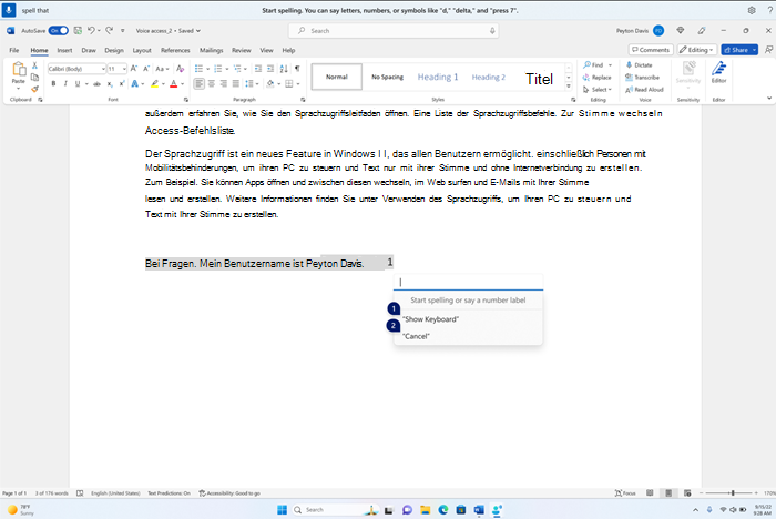 Das Rechtschreibfenster wird auf der Word Anwendung mit leerem Textfeld und Optionen zum Anzeigen von Tastatur oder Abbrechen mit Nummernbeschriftungen angezeigt.
