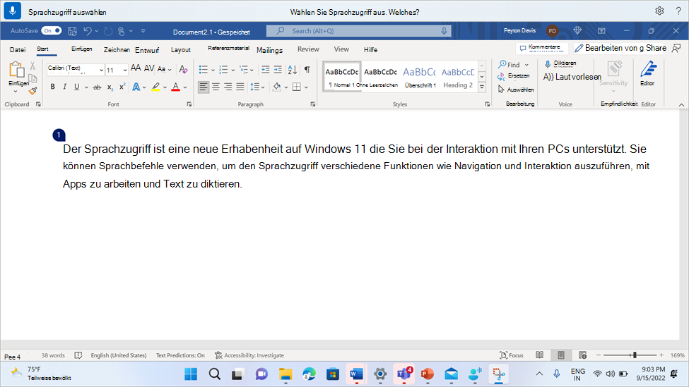 Word Dokument mit dem Sprachzugriff, in dem der Benutzer aufgefordert wird, ein Vorkommen von vielen auszuwählen.