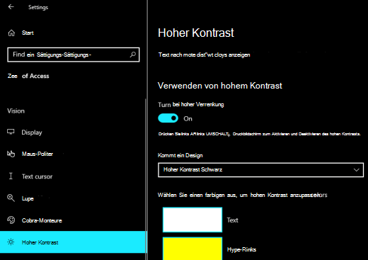 Windows-Optionen für hohen Kontrast mit dem schwarzen hohen Kontrast ausgewählt.
