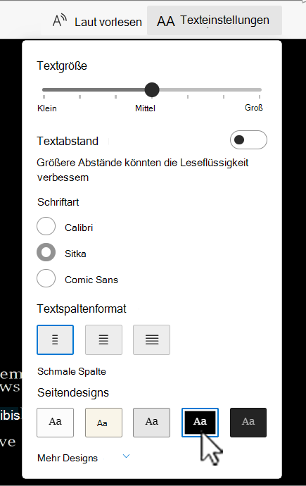 Plastischer Reader Optionen für Texteinstellungen in Word