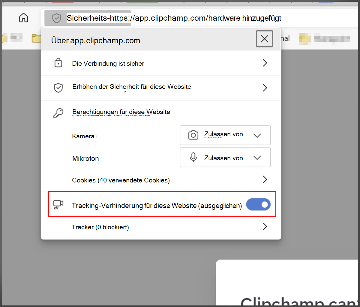 Edge hat Sicherheit hinzugefügt, Whitelist Clipchamp 2