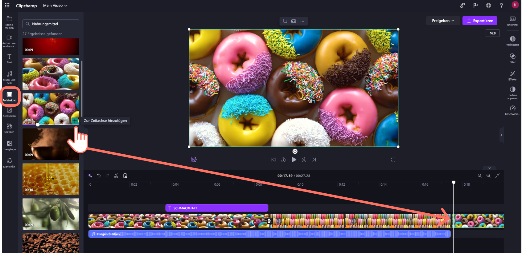 Ein Screenshot eines Benutzers von Clipchamp für Geschäftskonten, der ein Stockvideo per Drag & Drop auf die Zeitachse zieht.