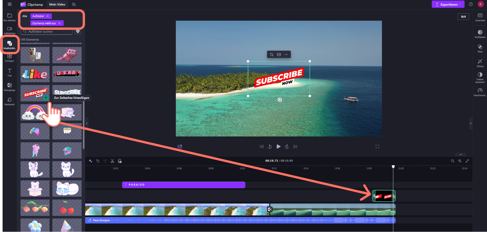 Ein Screenshot eines Benutzers von Clipchamp für persönliche Konten, der der Zeitachse einen Aufkleber hinzufügt.