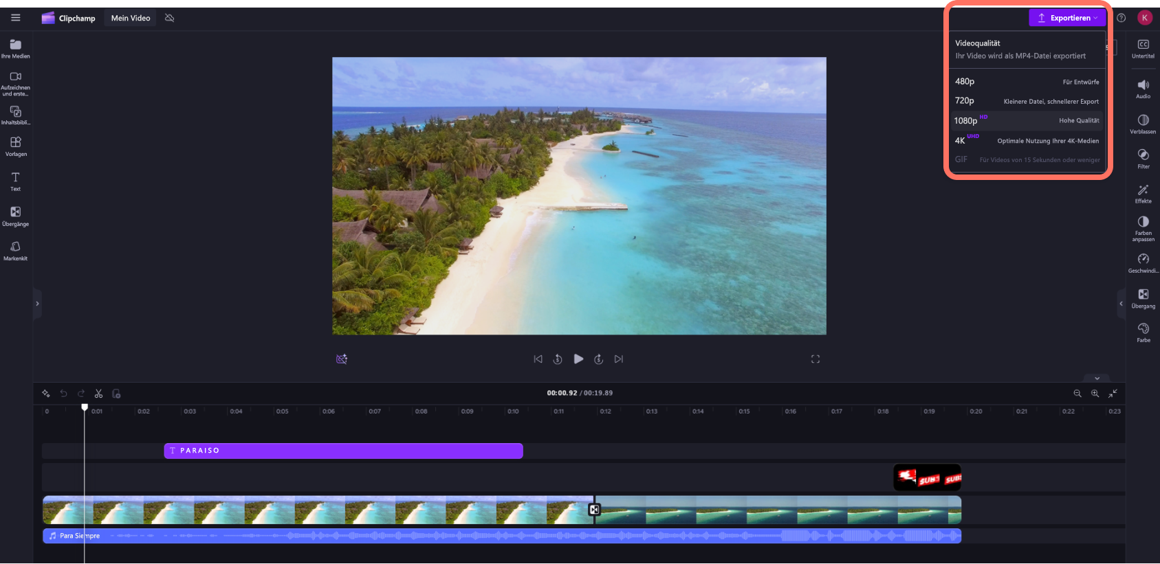 Ein Screenshot eines Benutzers von Clipchamp für persönliche Konten, der sein Video exportiert.