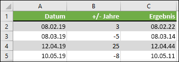 Addieren oder Subtrahieren von Jahren von einem Startdatum mit =DATE(YEAR(A2)+B2,MONTH(A2),DAY(A2))