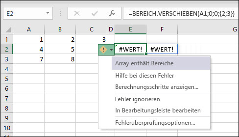 #CALC! Fehler – Array enthält Bereiche