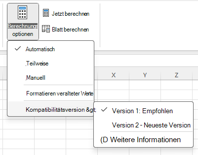 Menü zum Ändern der Kompatibilitätsversion: > Optionen > für die Formelberechnung Kompatibilitätsversionen