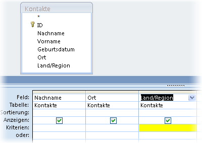 Kriterien für 'Land/Region'