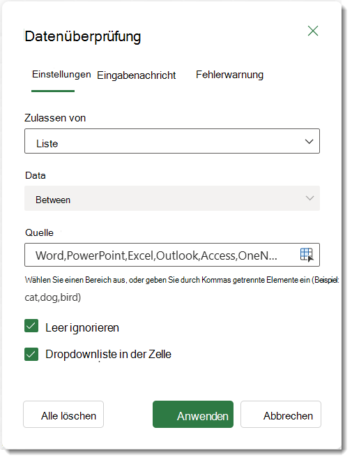 Einstellungen für die Datenüberprüfung