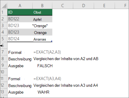 Ein Beispiel für die Verwendung der Funktion EXACT zum Vergleichen einer Zelle mit einer anderen