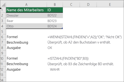 Ein Beispiel für die Verwendung der Funktionen IF, ISNUMBER und FIND, um zu überprüfen, ob ein Teil einer Zelle mit einem bestimmten Text übereinstimmt