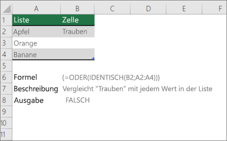 Ein Beispiel für die Verwendung der FUNKTIONEN OR und EXACT zum Vergleichen eines Wertes mit einer Liste von Werten