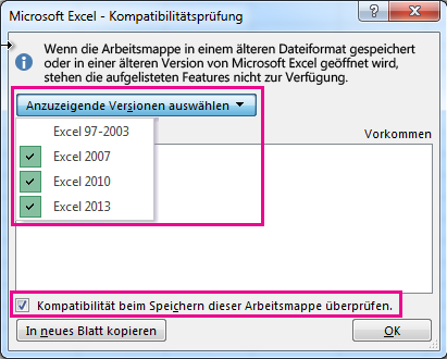Die Kompatibilitätsprüfung zeigt die zu überprüfenden Versionen an.