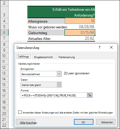Beispiel für die Datenüberprüfung, um einen Eintrag auf ein Mindestalter zu beschränken