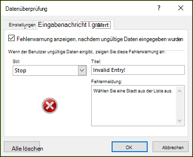 Optionen für Fehlermeldung zur Dropdownliste der Datenüberprüfung
