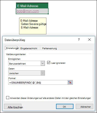 )Beispiel für die Datenüberprüfung, die sicherstellt, dass eine E-Mail-Adresse das @-Symbol enthält