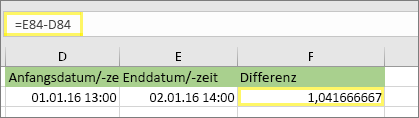 =E84-D84 und Ergebnis von 1,041666667