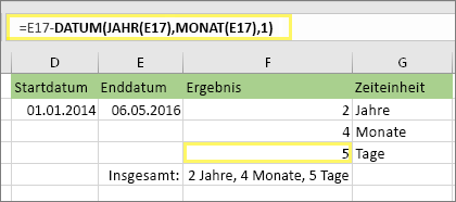 =DATEDIF(D17;E17;md) und Ergebnis: 5