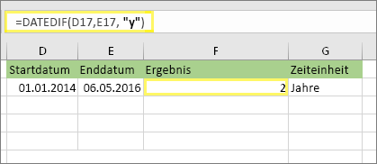 =DATEDIF(D17;E17;y) und Ergebnis: 2