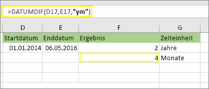 =DATEDIF(D17;E17;ym) und Ergebnis: 4