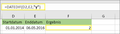 =DATEDIF(D2;E2;y) und Ergebnis: 2