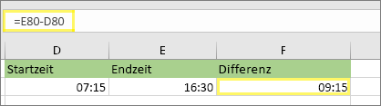 =E80-D80 und Ergebnis: 9:15 Uhr