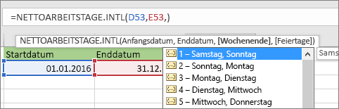 IntelliSense-Liste mit 2 - Sonntag, Montag; 3 - Montag, Dienstag usw.