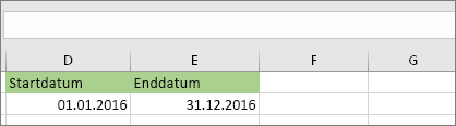 Startdatum in Zelle D53 ist 1/1/2016, Enddatum in Zelle E53 ist 12/31/2016