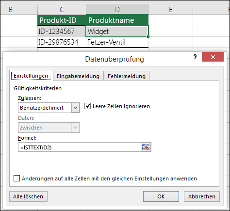 Beispiel 2: Formeln in der Datenüberprüfung
