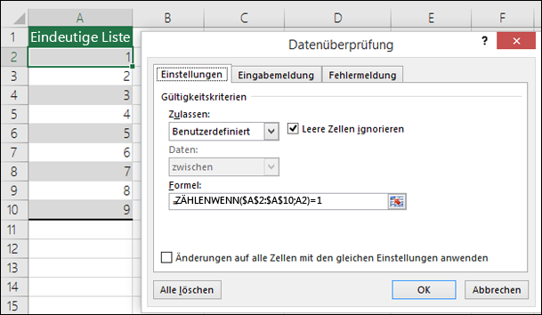 Beispiel 4: Formeln in der Datenüberprüfung