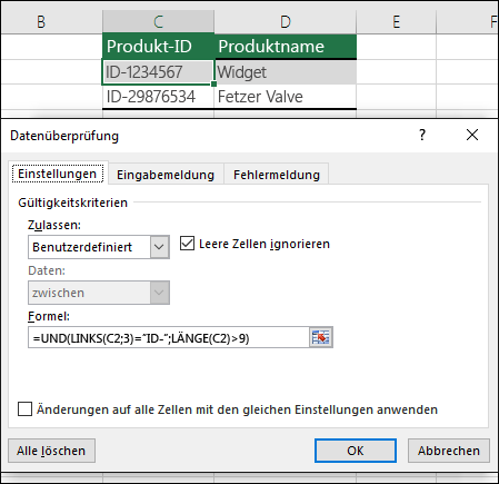 Beispiel 6: Formeln in der Datenüberprüfung