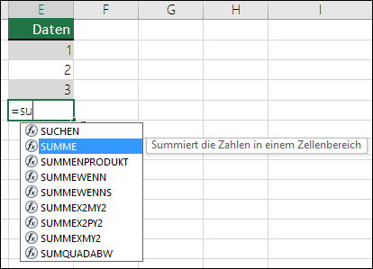 AutoVervollständigen für Excel-Formeln
