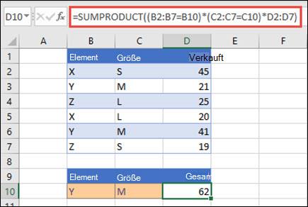 Beispiel für die Verwendung der Funktion SUMMENPRODUKT zur Rückgabe des Gesamtumsatzes, wenn der Produktname, die Größe und die einzelnen Verkaufswerte angegeben werden.