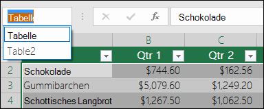 Excel-Adressleiste links neben der Bearbeitungsleiste
