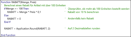 Beispiel für eine VBA-Funktion mit Kommentaren