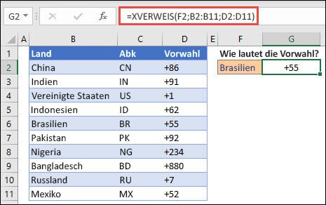 Beispiel für die XVERWEIS-Funktion, die verwendet wird, um einen Mitarbeiternamen und eine Abteilung basierend auf der Mitarbeiter-ID zurückzugeben. Die Formel lautet =XVERWEIS(B2;B5:B14;C5:C14)