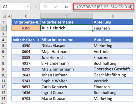Beispiel für die XVERWEIS-Funktion, die verwendet wird, um einen Mitarbeiternamen und eine Abteilung basierend auf der Mitarbeiter-IDt zurückzugeben. Die Formel lautet: =XVERWEIS(B2;B5:B14;C5:D14;0;1)