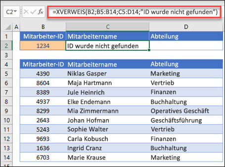 Beispiel für die XLOOKUP-Funktion, die verwendet wird, um einen Mitarbeiternamen und eine Abteilung basierend auf der Mitarbeiter-ID mit dem argument if_not_found zurückzugeben. Die Formel lautet =XVERWEIS(B2;B5:B14;C5:D14;0;1;Mitarbeiter nicht gefunden)