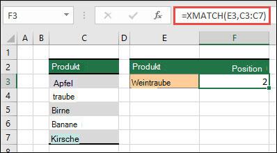 Beispiel der Verwendung von XVERGLEICH zum Ermitteln der Position eines Elements in einer Liste.
