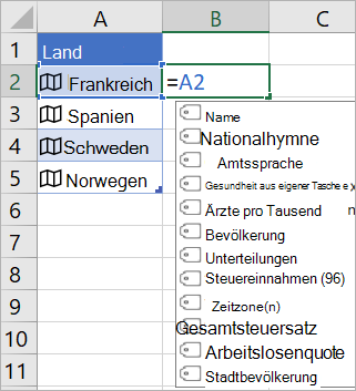 Zelle A2 enthält Frankreich; Zelle B2 enthält =A2. Das Menü 