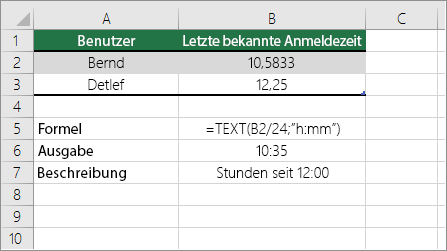 Beispiel: Konvertieren von Stunden aus einer Dezimalzahl in die Standardzeit
